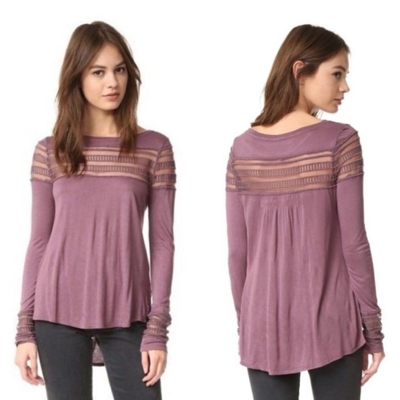 Free People Purple Roxie Mesh Insert Long Sleeve Tee - Size Small - Picture 1 of 4